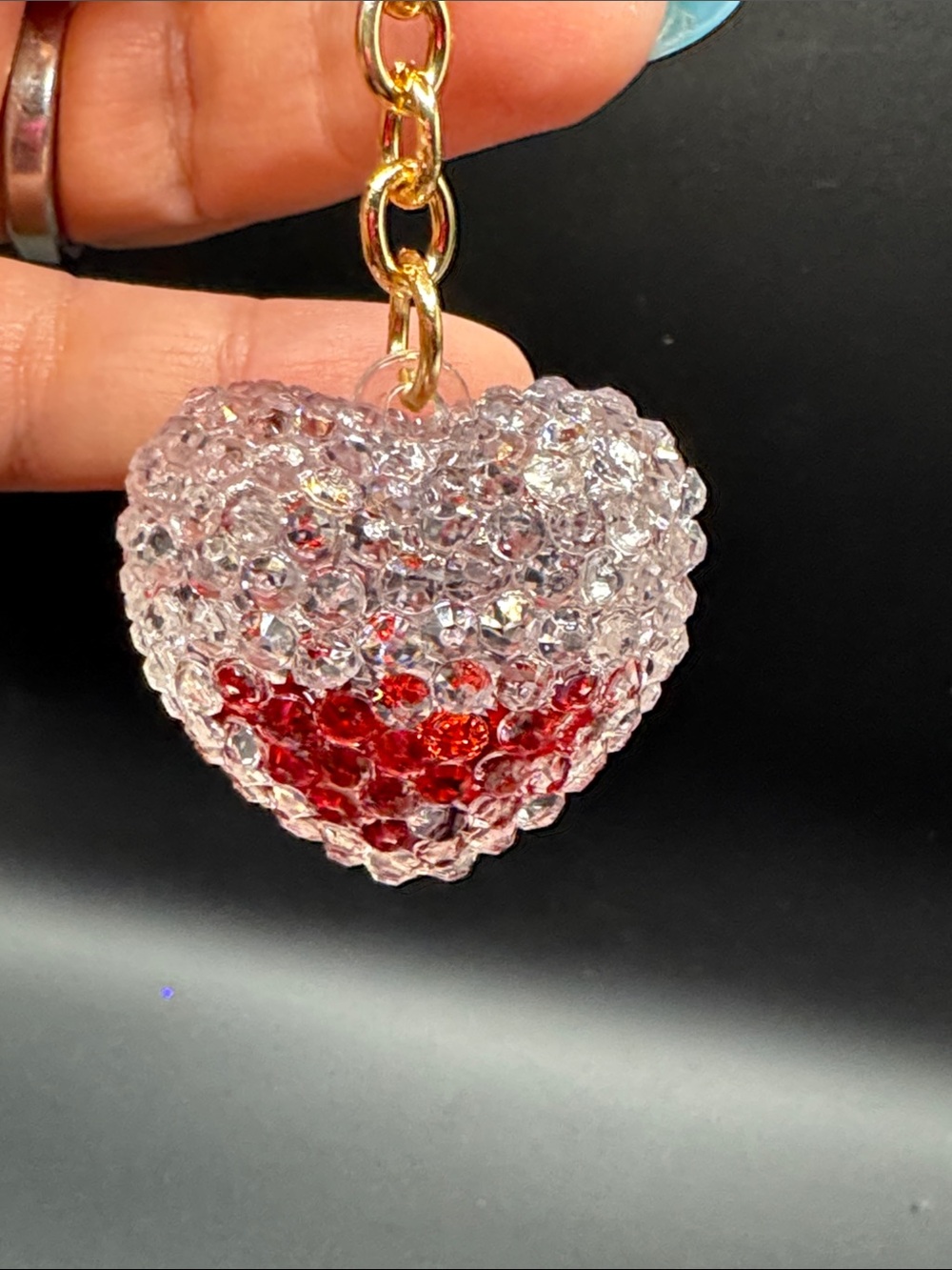Crystal Resin Beaded Heart Keychain/snow globe style - Clear & Red